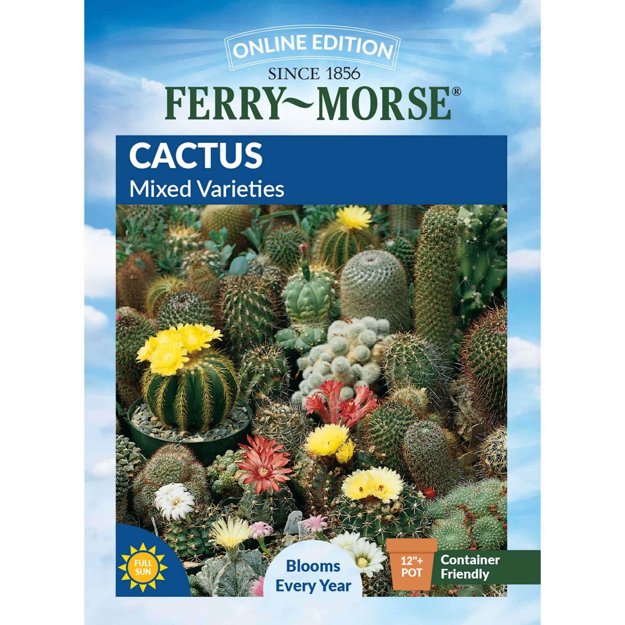 Ferry-Morse cactus seed packet with a variety of cacti and succulents on a blue sky background.